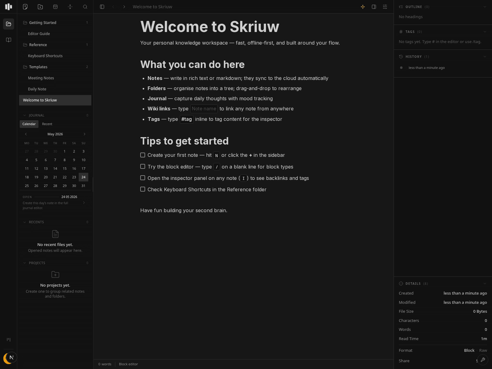 Skriuw notes workspace with sidebar, editor, and note tree